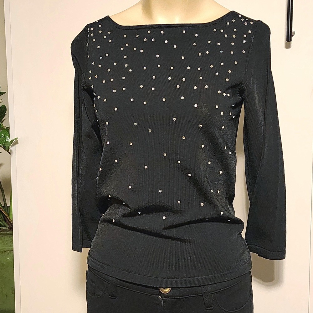 P/P black Rataella boat neck 3/4 sleeves blouse with rhinestones